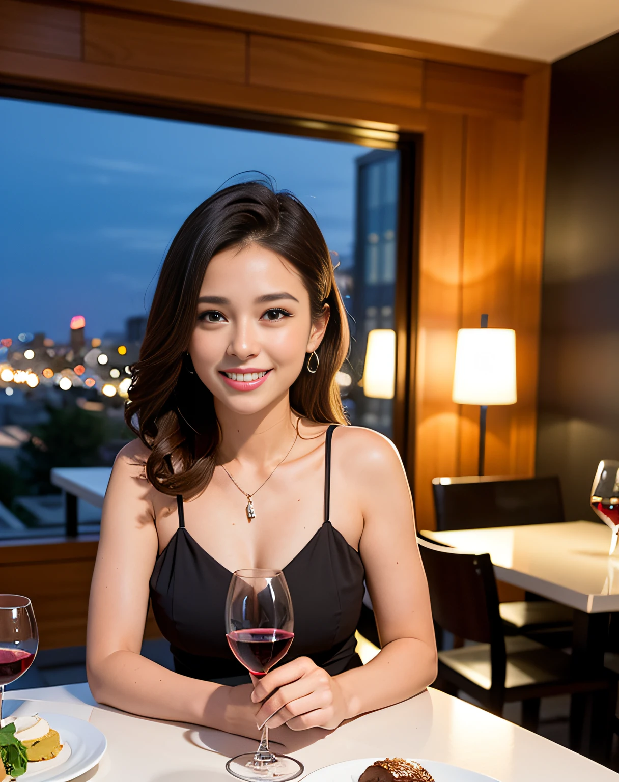 (64K, UHD, top quality, masterpiece: 1.2), (realistic, photorealistic: 1.37), super detailed, pretty woman 1 person, (slim face), (slim body), (brown hair), (short cut), cheeks slightly blushing, (41 years old), 38 years old, solo, outside the window is a beautiful detailed urban night view, restaurant, wine glasses sit, at night, in a prominent place (from the waist up) NovaFrogStyle, Actress, Model, Waist Up, White Wine, Slim, Wine Glass, Super Clean Night View, Wine Glass Put in the Middle, Happy Smile, (Smile: 1.15), Beautiful Fine Eyes, Upper Body, Bust Japan Up, Night, Short, Short, Actress, Model, Waist Up, White Wine, Slim, Wine Glass, Super Clean Night View, Wine Glass Put in the Middle, Happy Smile,