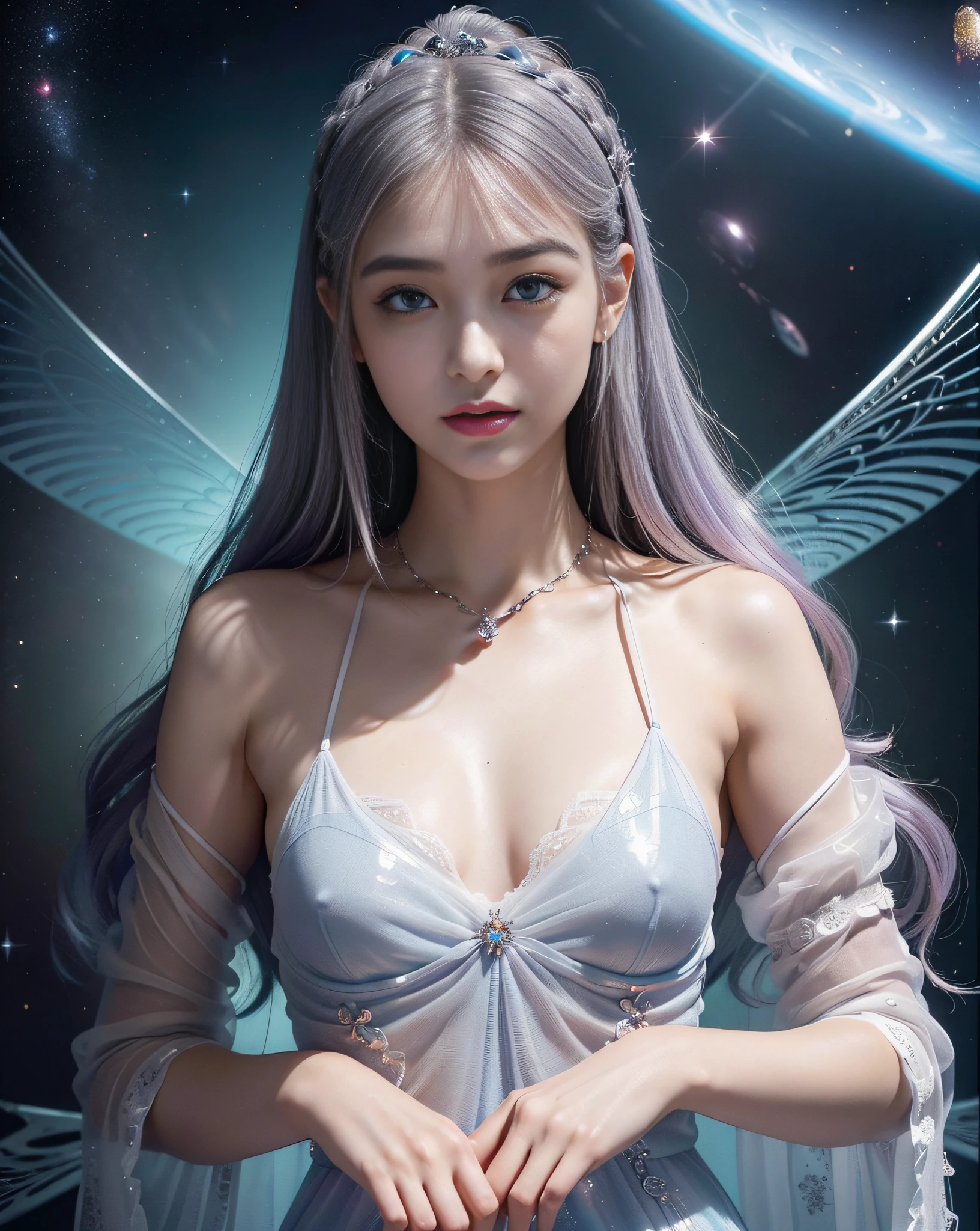 An ultra-high picture quality、(((FULL BODYSHOT)))、bilaterally symmetrical、Planktonic、muitoリアルHuman texture、 (((Very cute beautiful Russian white girl at )))、((Very white skin of a 10-year-old Caucasian girl with transparent blood vessels showing through))、(((very long and high nose of a white woman,,,,,,,,,,,,,,,,,,,,,,,,,,,,,,,,,,,,,,,,,,,)))、(((Under the short nose)))、(((no-makeup)))、 (1girl in:1.3), Galactic Universe、milkyway、 Light persona, Dark Persona, mind control, fractral, ceiling, Artistic background, Geometric, organics, blessings, favor, exalted, exalted, noble, unfolded, elucidation, Anti-gravity, Antimatter, holy, Sacred, spiritual, Dignified, Luminescent, Holographic, About Magic Circle, photons, Glittering butterflies, scales, Galaxy, Beak,(artistic)、(((The most fantastic brightly colored eyebrows,,,,,,,,,,,,,,,,,,,,,,,,,,,,,,,,,,,,,,))),,(((Glittering pale blue-violet silver hair and eyebrows)))、(((Super luxurious see-through Western style long dress with plenty of luxury accessories)))、(((Beautiful white skin with hair and pores,)))、(((Extremely delicate and brightly colored targets)))、(((Beautiful glowing caucasian woman with iris iris eye with ultra high definition pattern)))、Enchanted、(((I love you)))、kawaii、Gentle、lovely、seductiv、Lusting、Lots of luxury knick-knacks,(((Small drooping eyes with a gentle feeling)))、(((very thin eyelashes,,,,,,,,,,)))、(((Realistic naked eye)))、High Definition Lip、Slightly baby-faced、Beautiful double eyelids、(((Girlish cute hairstyle)))、(((Space Princess)))、(((well-shaped breasts)))、(((Dreams)))、(((Your imagination)))