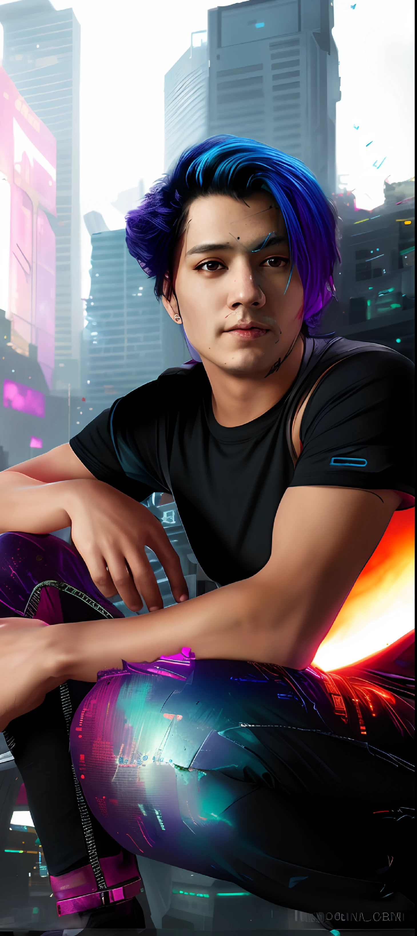Only change bg and realistic face cyberpunk full body pic