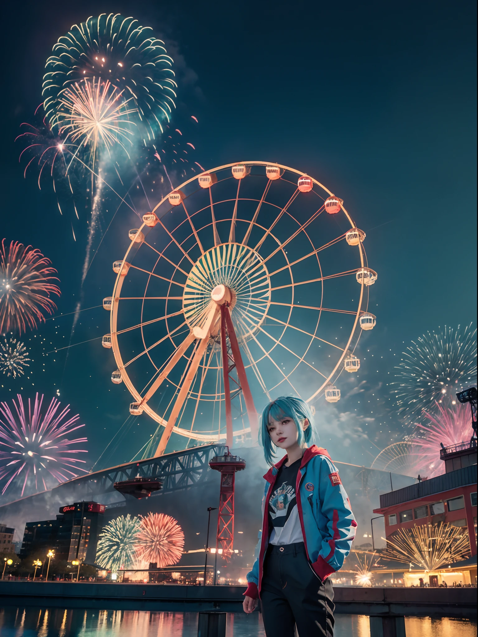 1 girl with red light blue hair, standing at the amusement park in front of the giant wheel or ferris wheel, and see the fireworks on the sky beautiful green and blue fireworks, night view, 8K UHD, Nvidia RTX 4090 rendering, ray tracing, DLSS 3.