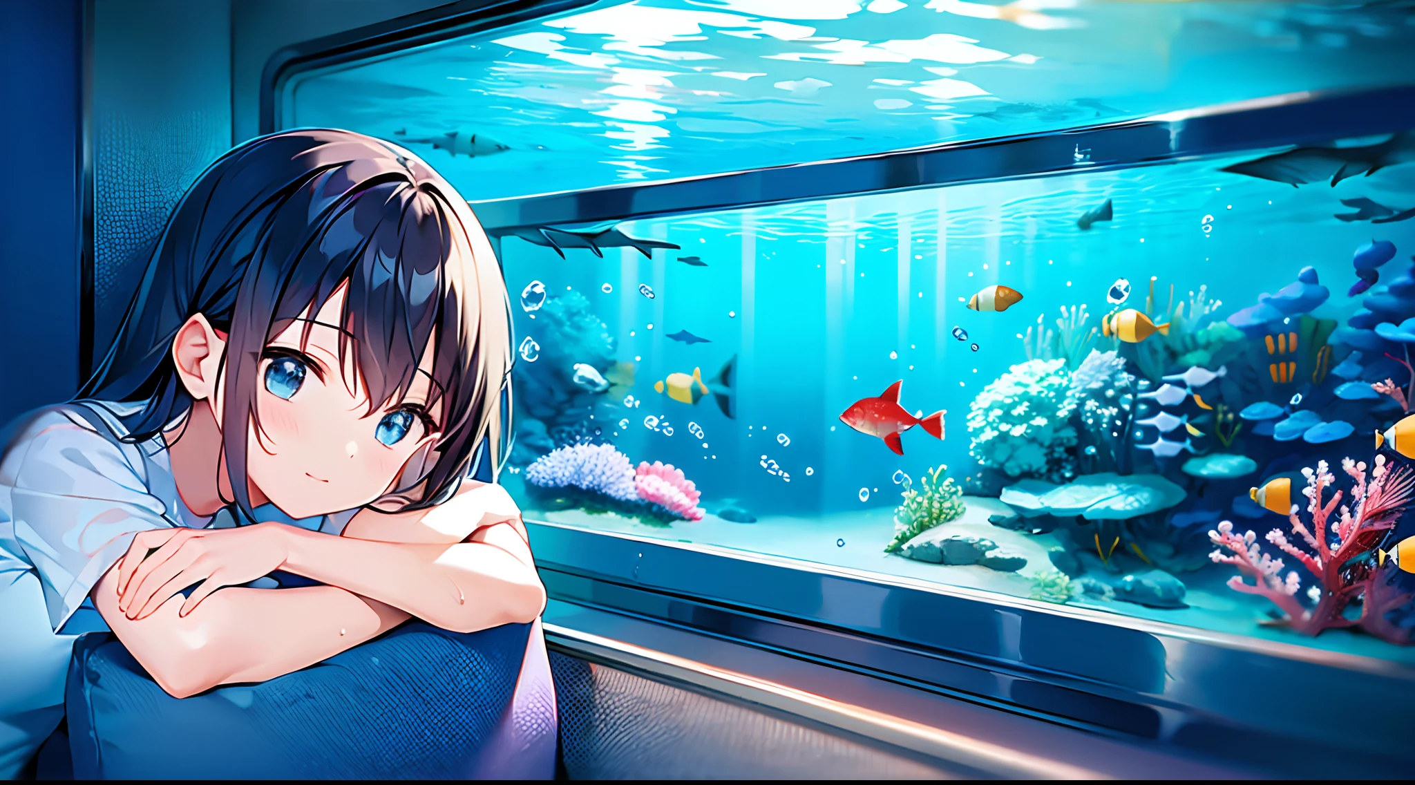 (theme: train, underwater), 1 girl sleeping inside a train,(underwater), surrounded by fishes