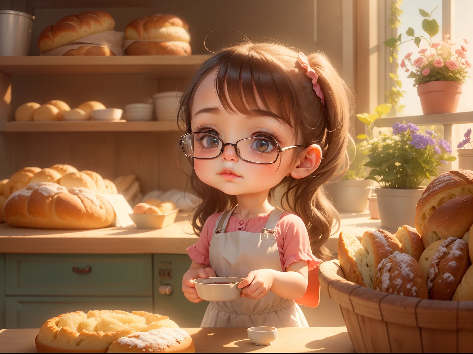  sweet, The bakery makes bread, flower pots, desks, a chair,and the sun was shining brightly, the detail， 4K， k hd， high high quality.