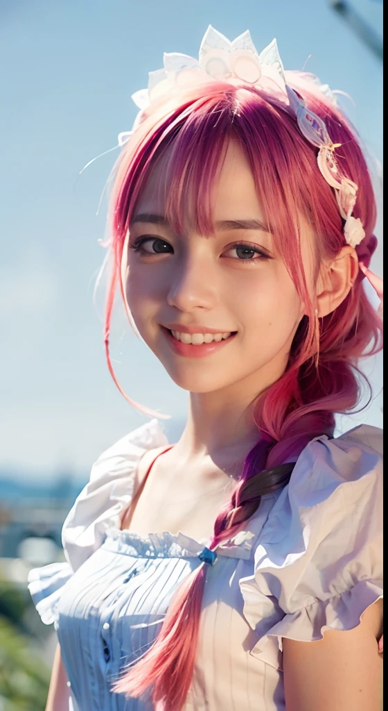 (ultra-detailliert), Cute princess dress in pink color,(frilly dress),(shortsleeves),Blue eyes,The upper part of the body、a closeup、faces、(A smile:1.5),(facing front:1.2), 20yr old, teens girl,no tail,(no tail),2D, ​masterpiece, top-quality, animesque, A detailed eye, A detailed face, girl with, Only 1 person,Pink Hair Medium Hair, (Pink hair),  Ear Hair, small tits, Single braid, (Single braid), (Side braid), Pink ribbon, Ribbon around the neck, (White sleeves), Background bokeh