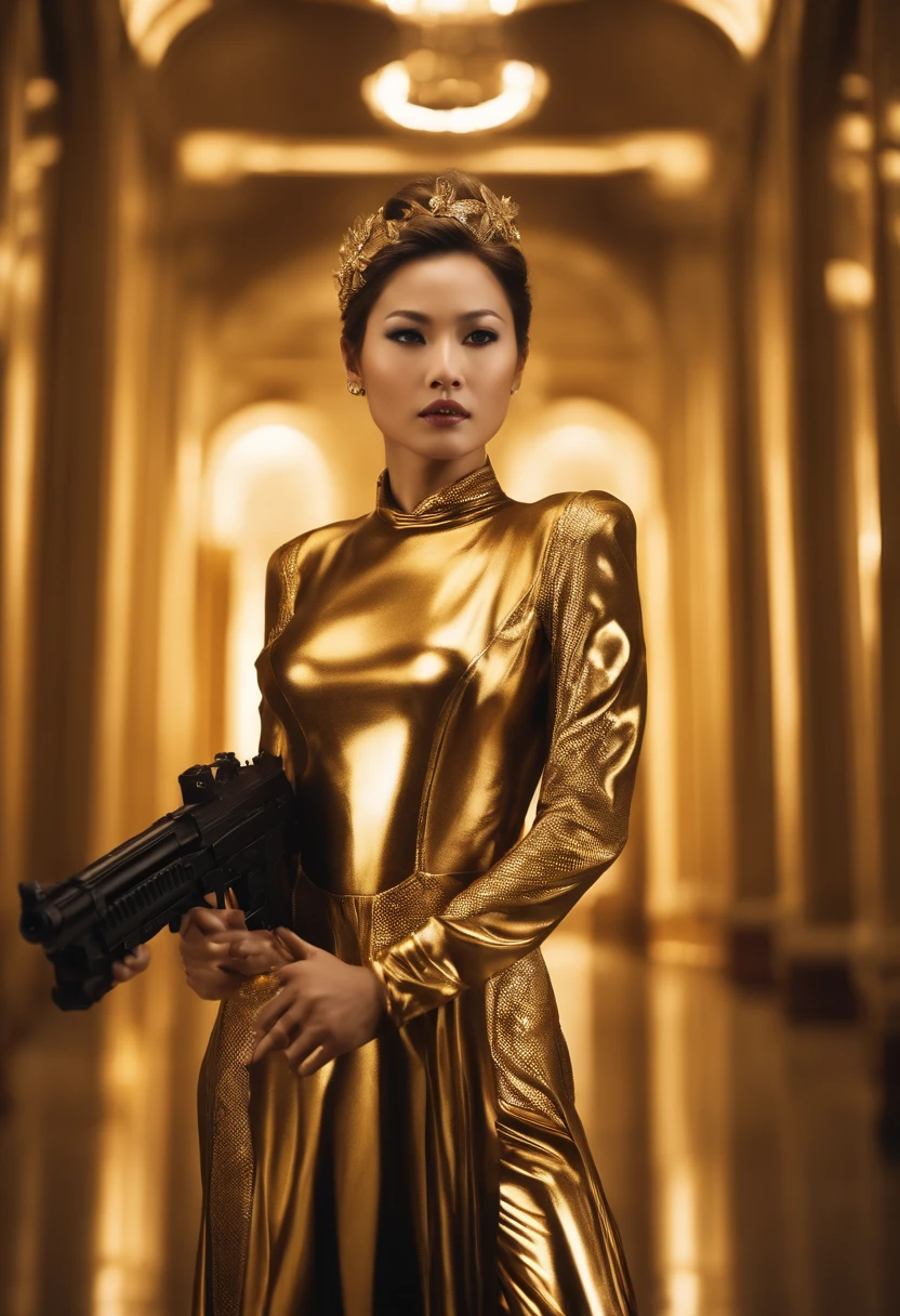 araffe woman in a gold dress standing in a hallway, movie still of a villain cyborg, jacky tsai style, human soldiers, pistols, inspired by Tang Sin Yun Sandara, shot on anamorphic lenses, syndicate(2012), rendering of beauty pageant, library of babel, blond ltd, golden silver elements, holding a gun --ar 16:9