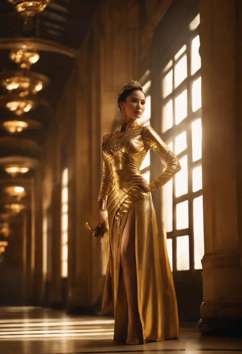 araffe woman in a gold dress standing in a hallway, movie still of a villain cyborg, jacky tsai style, human soldiers, pistols, inspired by Tang Sin Yun Sandara, shot on anamorphic lenses, syndicate(2012), rendering of beauty pageant, library of babel, blond ltd, golden silver elements, holding a gun --ar 16:9