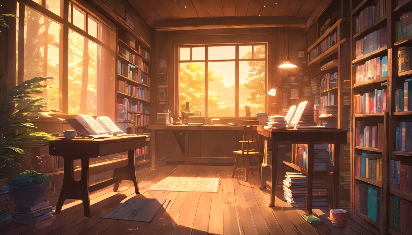 A highly detailed anime style illustration of a cozy, inviting study space with dynamic lighting effects. It is a rustic room with wooden floors and furniture bathed in pools of dancing light. The main source of light is a tall floor lamp with a swirling, nebula-like lamp shade that casts vibrant patterns around the room. More abstract light shapes dance across a wooden desk covered in books, notebooks, pens, and a steaming mug of coffee. The coffee mug is prominent and detailed, the focus of the scene. Also in sharp detail are the open books and notebooks, looking well-used with papers and writing utensils strewn about. More abstract light shapes dance across the walls, creating a futuristic, galactic atmosphere. A window in the background shows a night view of a forest under twinkling anime stars. Everything is drawn smoothly with clean lines, intense highlights, and dramatic shadows that enhance the galactic mood. Despite the mesmerizing lights, the atmosphere remains focused and tranquil - perfect for studying. --ar 16:9, boys love,