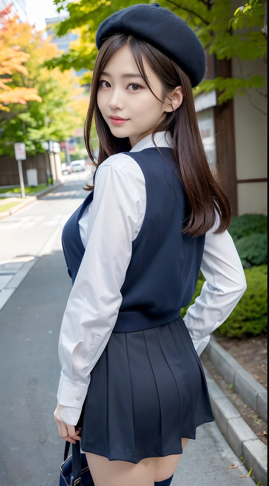 mix4, (16 K, Raw photography, Top image quality, masterpiece: 1.45), (realisitic, Photorealsitic: 1.37), one girls, 7.5, etc,cute little, A city scape,, profetional lighting, photon maping, Cityscape with street trees, physically-based renderingt, Gradient dark brown hair,, a handsome, Well-groomed and beautiful eyes、二重まぶた、girl with, (((student clothes、Long sleeve shirt worn by Japan high school girl、Navy blue vest、Ribbon-shaped tie、Dark blue over-the-knee skirt, Navy Blue Beret、Dark blue knee-high socks、Black loafers))), Top Quality Photos, hight resolution, 1080p, (clearface), (Detailed face description), (Detailed hand description), (masterpiece), (Exquisite CG)、extreme light and shadows、dishevled hair、master work、abundant detail、(Fine facial features)、(top quality photo)、(masuter piece)、(A detailed eye)、Look in front of you、Fine clavicle、((Slender big))、(((Japan girl wears a long-sleeved shirt)))、((Sexy Idol System))、((Gingko trees))、(Shooting from random perspectives)、(((Anyway cute)))、耳Nipple Ring、A big smile、Drawing the whole body from the knees、Do not draw nasolabial folds、(((Shoulder bags used by Japan school))、(Big breasts that hang down big:1.2)、Big buttocks with tension、Two arms and two legs、(((from the front side:1.0)))、bare hand、