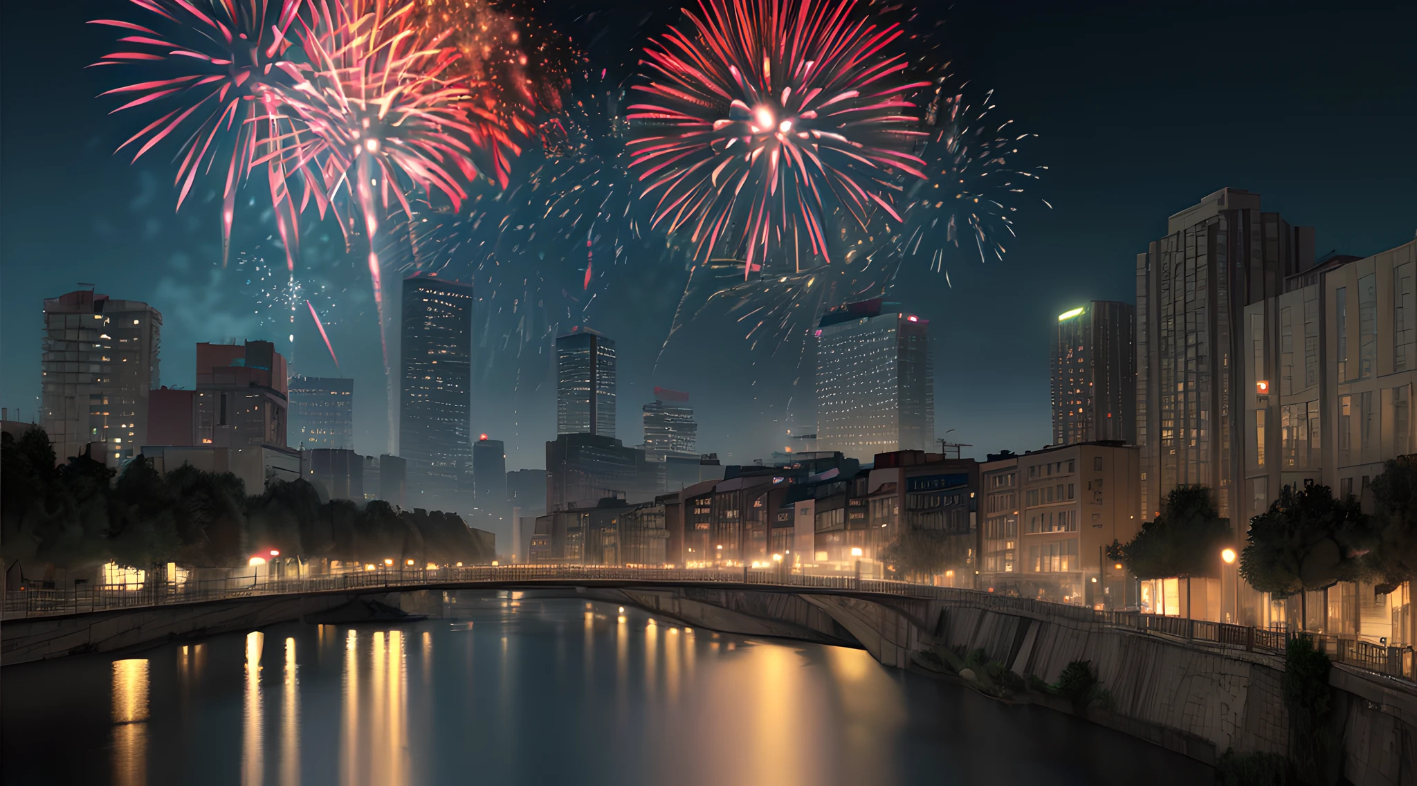 a photorealistic night scene picture of a fireworks show over a city at night, fireworks being reflected in the river, photorealistic display of fireworks (best details, Masterpiece, best quality), beat detailed urban background at night, entire scene being reflected at river (best details, Masterpiece, best quality), ultra best realistic, best details, best quality, 16k, [ultra detailed], masterpiece, best quality, (extremely detailed), ultra wide shot, photorealism, depth of field, hyper realistic picture, 3D rendering