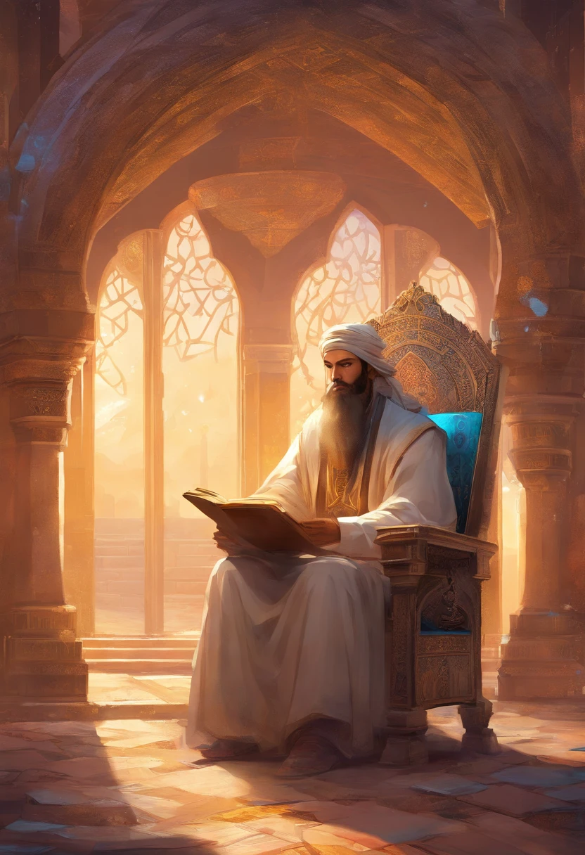 Al-Khwarizmi sitting in a chair on the edge of a table full of mathematical notes and boxes