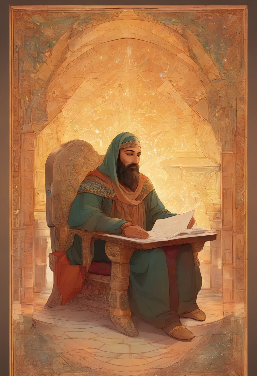 Al-Khwarizmi sitting in a chair on the edge of a table full of mathematical notes and boxes