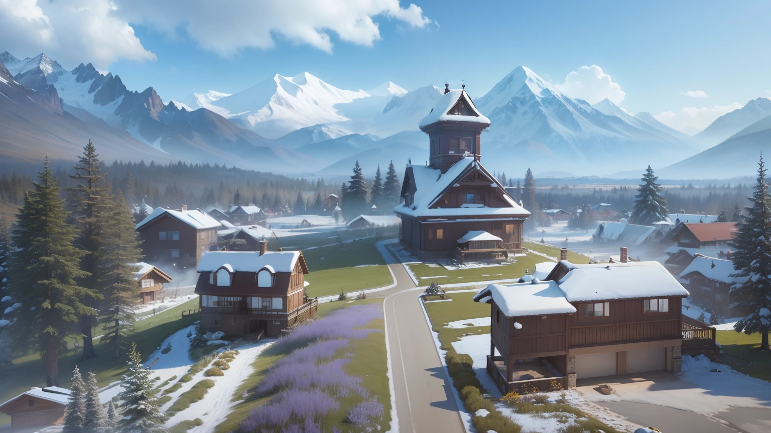 Villa,wildflowers, snow mountains, Blue sky. and the sun was shining brightly, the detail, 4K, k hd, high high quality