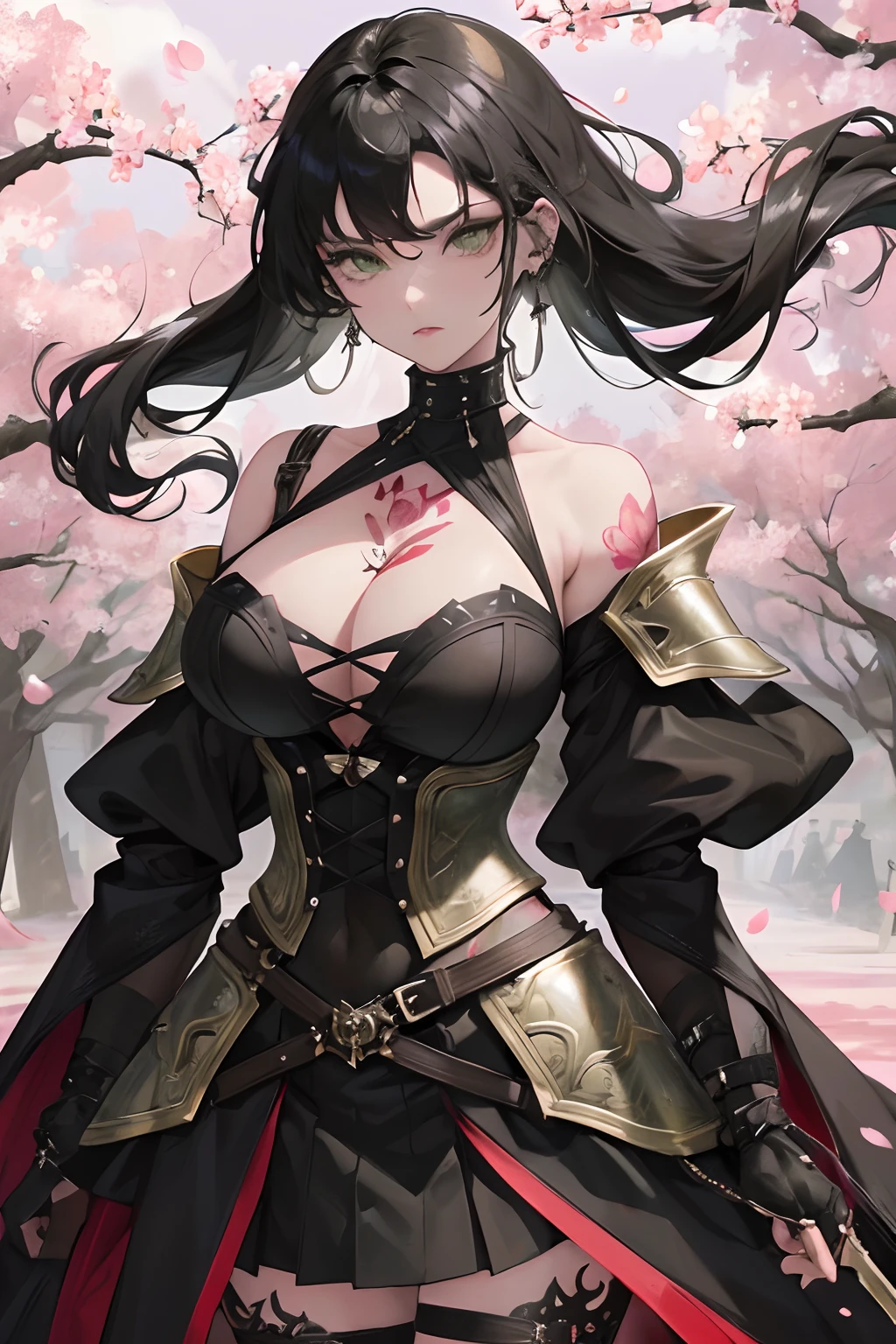 The most beautiful gothic warrior princess, black hair, green eyes, detailed black battle armor, tattoos and piercings, huge tits, tattoos and piercings, cherry blossoms blowing in the wind, high quality, high resolution