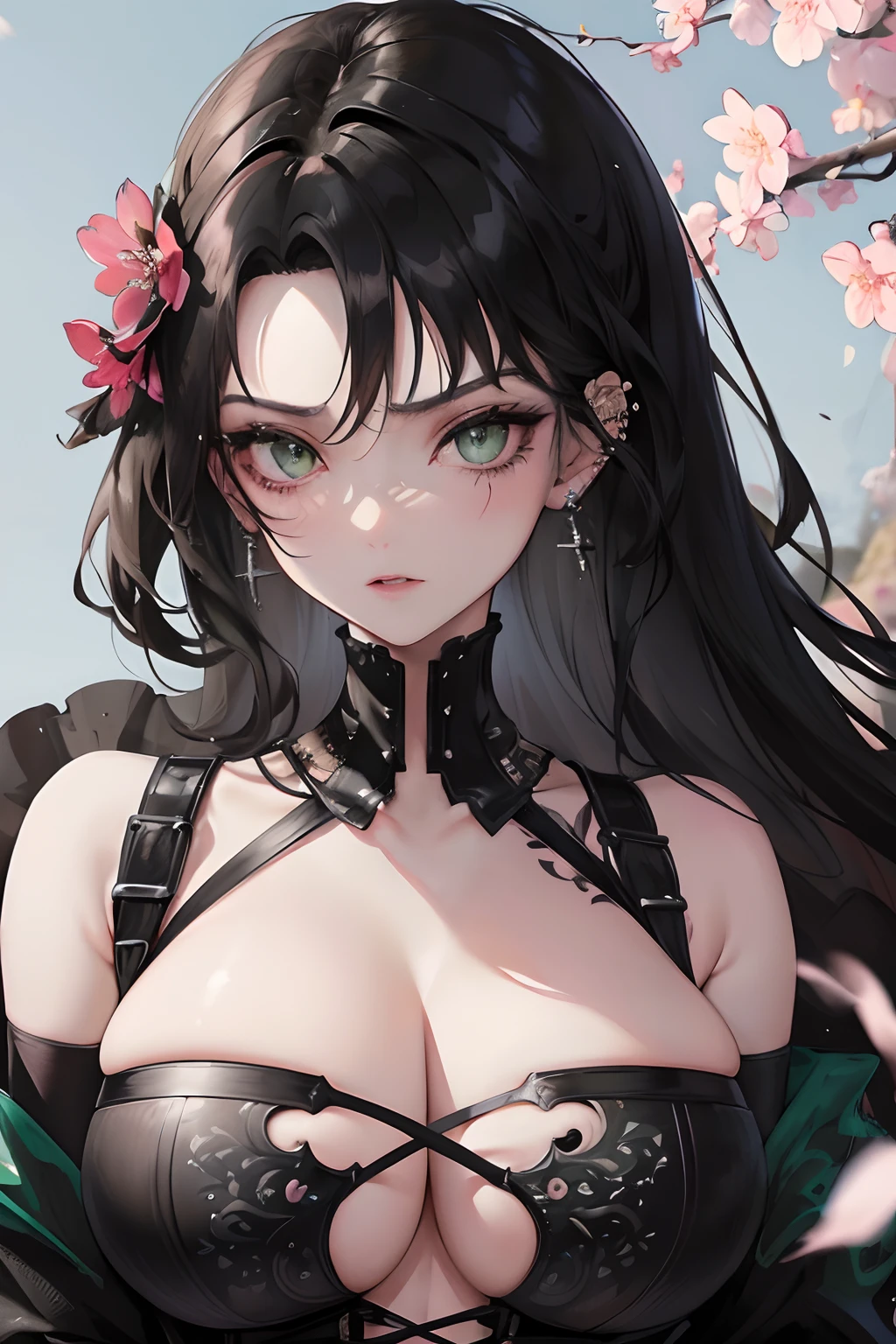 The most beautiful gothic warrior princess, black hair, green eyes, detailed black battle armor, tattoos and piercings, huge tits, tattoos and piercings, cherry blossoms blowing in the wind, high quality, high resolution