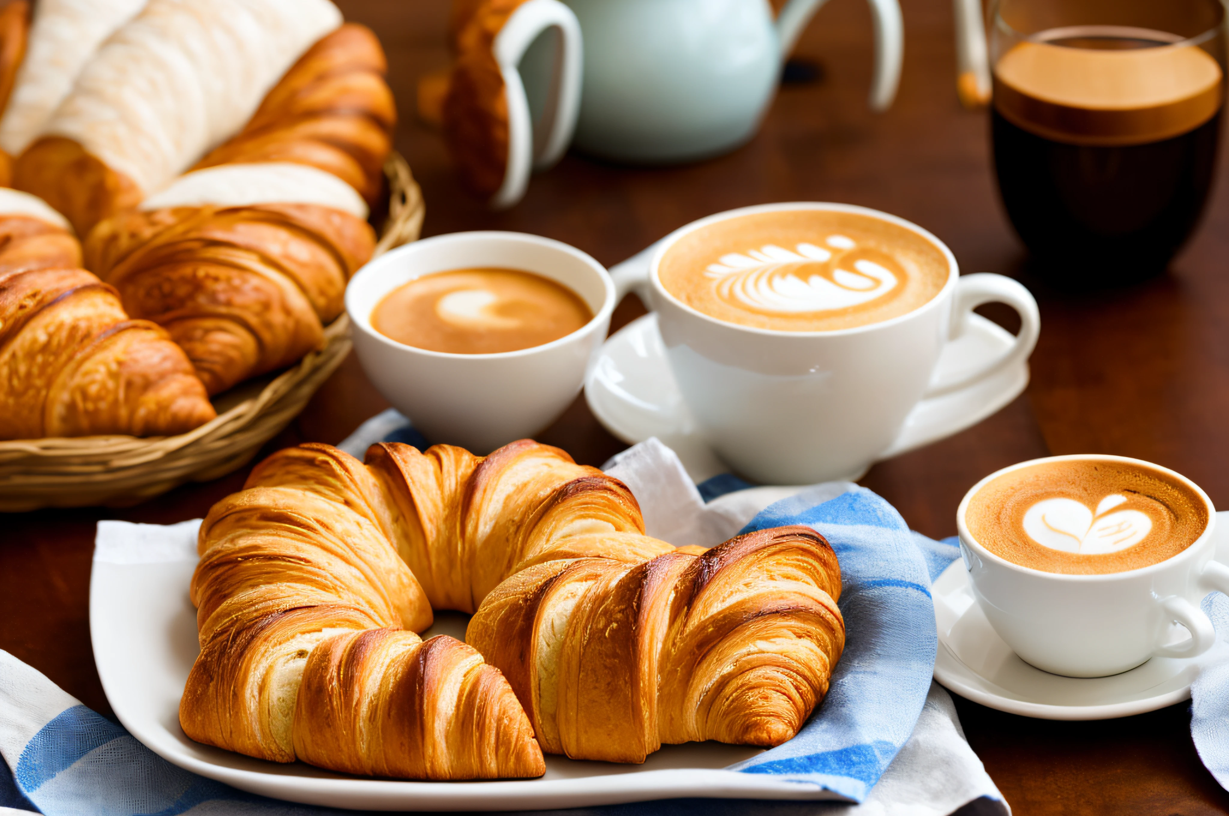 Fresh bread、Freshly baked croissants、coffee cup、Charm Details、The table、