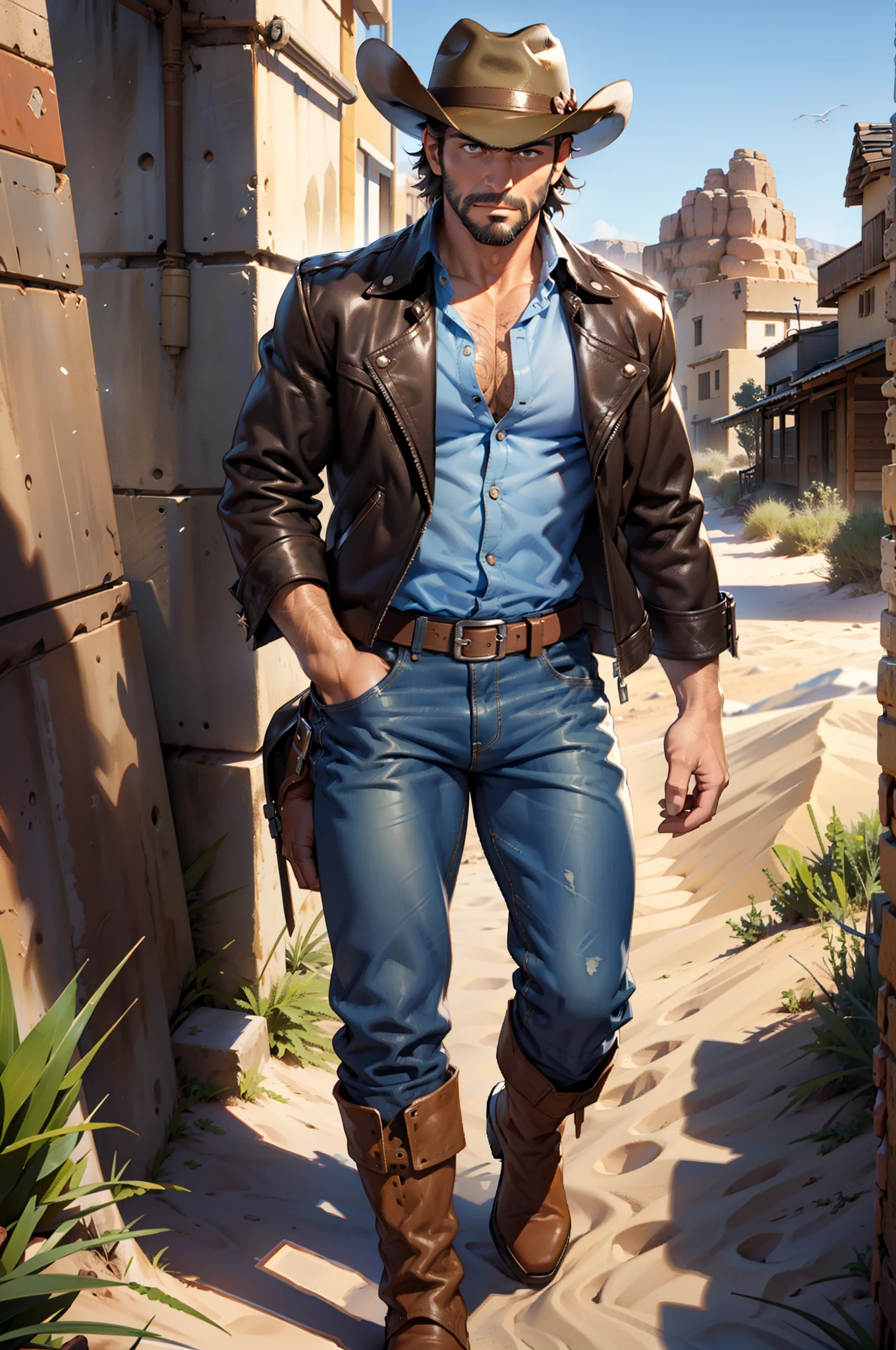 cowboy, Muscular man, blue dress shirt, Brown leather jacket, long black jeans, Cowboy boots, revolver, Cowboy hat, Dark brown hair, Short hair, Brown eyes, Medium beard, Mechanical right arm, desert scenery, There was sand everywhere.