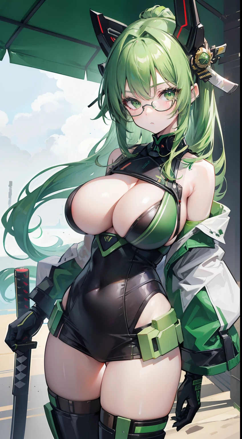 1girl, green hair, green eyes, big , mecha suit, katana, samurai, futureglasses
