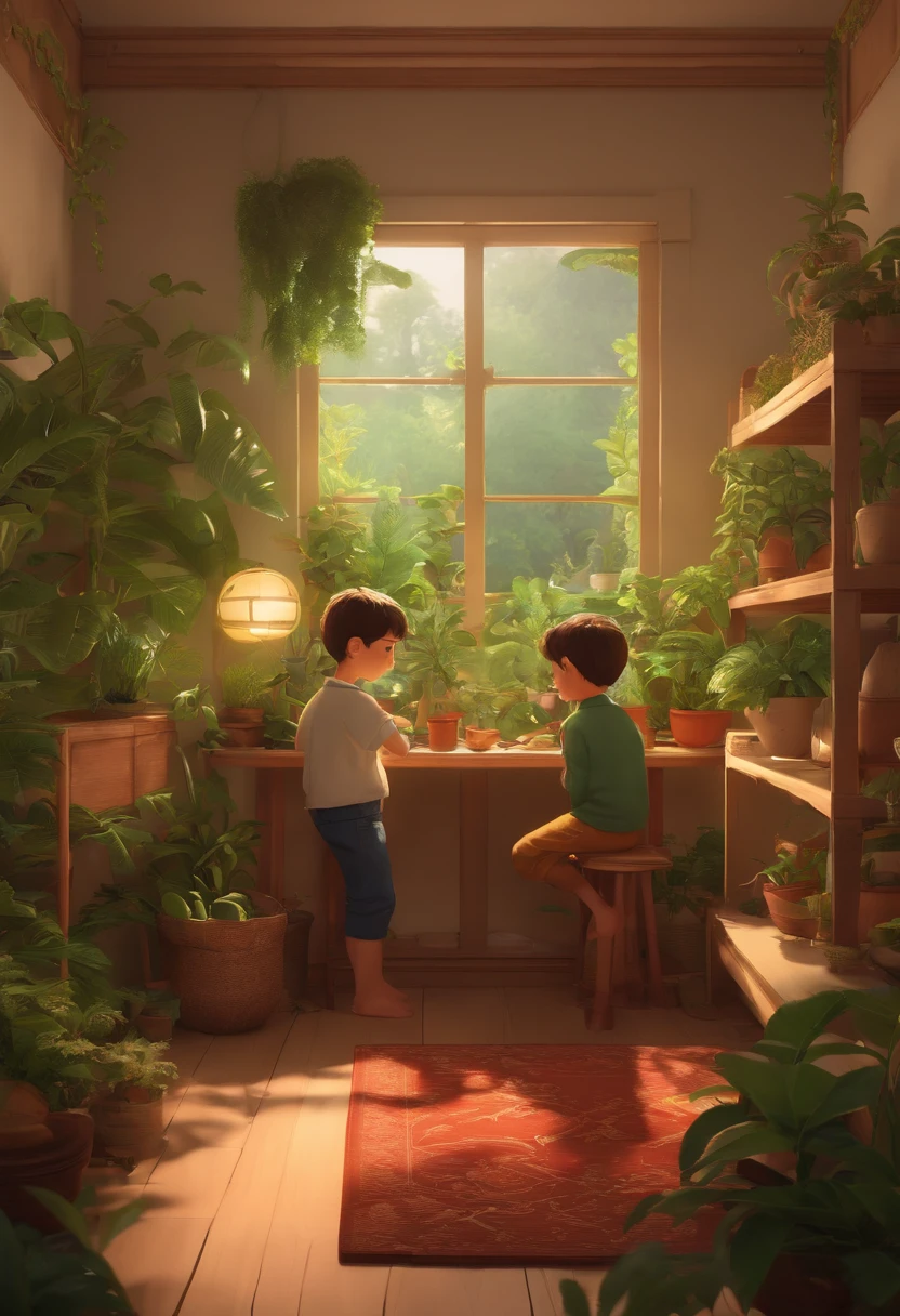 Cozy room with a cute little boy and a little boy the room is full of plants, Miyazaki style