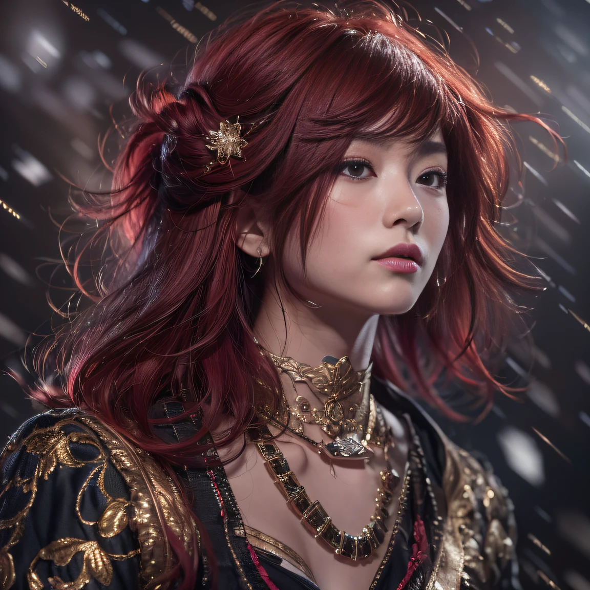 32K gradient glass texture(tmasterpiece,k hd,hyper HD,32K)Short burgundy hair,Short flowing hair,Onsen District,Flame Girl ,Yao Lang protector (realisticlying:1.4),Python pattern robe,Black gold master Kawashima work headdress,Snowflakes fluttering,The background is pure,Hold your head high,Be proud,The nostrils look at people, A high resolution, the detail, RAW photogr, Sharp Re, Nikon D850 Film Stock Photo by Jefferies Lee 4 Kodak Portra 400 Camera F1.6 shots, Rich colors, ultra-realistic vivid textures, Dramatic lighting, Unreal Engine Art Station Trend, cinestir 800,Hold your head high,Be proud,The nostrils look at people,Short burgundy hair