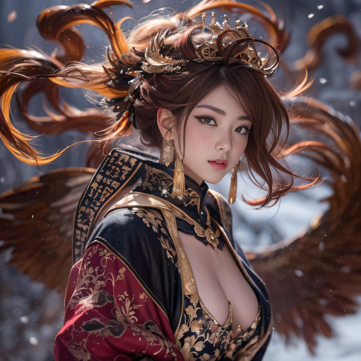 32K gradient glass texture(tmasterpiece,k hd,hyper HD,32K)Short burgundy hair,Short flowing hair,Onsen District,Flame Girl ,Yao Lang protector (realisticlying:1.4),Python pattern robe,Black gold master Kawashima work headdress,Snowflakes fluttering,The background is pure,Hold your head high,Be proud,The nostrils look at people, A high resolution, the detail, RAW photogr, Sharp Re, Nikon D850 Film Stock Photo by Jefferies Lee 4 Kodak Portra 400 Camera F1.6 shots, Rich colors, ultra-realistic vivid textures, Dramatic lighting, Unreal Engine Art Station Trend, cinestir 800,Hold your head high,Be proud,The nostrils look at people,Short burgundy hair