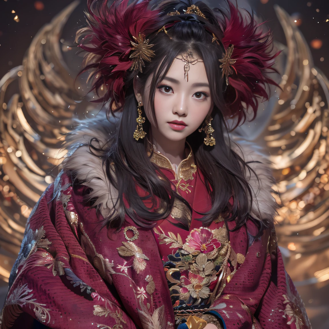 32K gradient glass texture(tmasterpiece,k hd,hyper HD,32K)Short burgundy hair,Short flowing hair,Onsen District,Flame Girl ,Yao Lang protector (realisticlying:1.4),Python pattern robe,Black gold master Kawashima work headdress,Snowflakes fluttering,The background is pure,Hold your head high,Be proud,The nostrils look at people, A high resolution, the detail, RAW photogr, Sharp Re, Nikon D850 Film Stock Photo by Jefferies Lee 4 Kodak Portra 400 Camera F1.6 shots, Rich colors, ultra-realistic vivid textures, Dramatic lighting, Unreal Engine Art Station Trend, cinestir 800,Hold your head high,Be proud,The nostrils look at people,Short burgundy hair