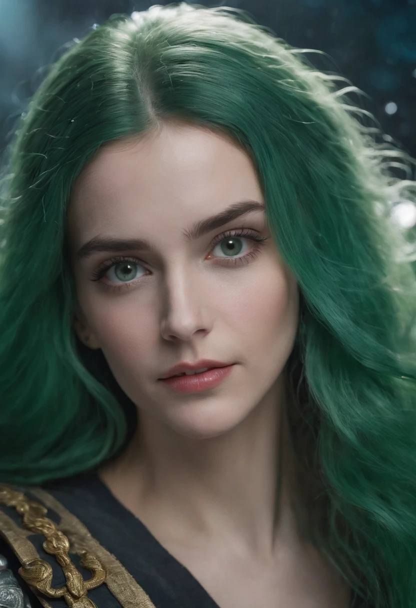 a picture of a future knight, long green hair, evil, hero, she is coming to you, up close, dark ocean,( underwater:1.1), lightning, bright eyes, wearing a office clothes, tentacles, octopus, (up close:1.3)