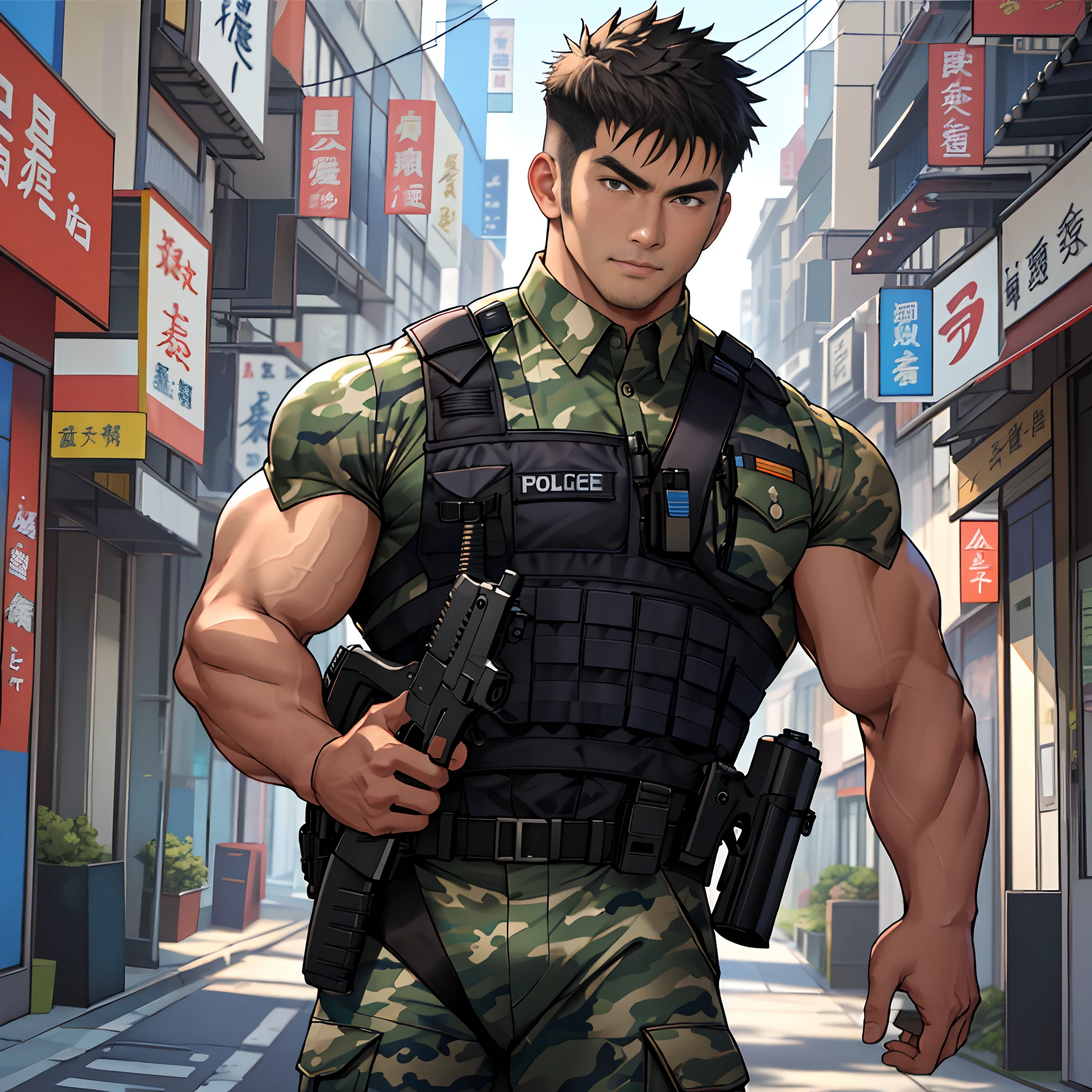 best qualtiy， tmasterpiece， 超高分辨率， detailedbackground， photorealestic， illustratio， Single， 1   boy， Muscle men， armed policeman， the street， musculature， Handsome and mature face shape， Volumetriclighting， depth of fields， Camouflage police uniform