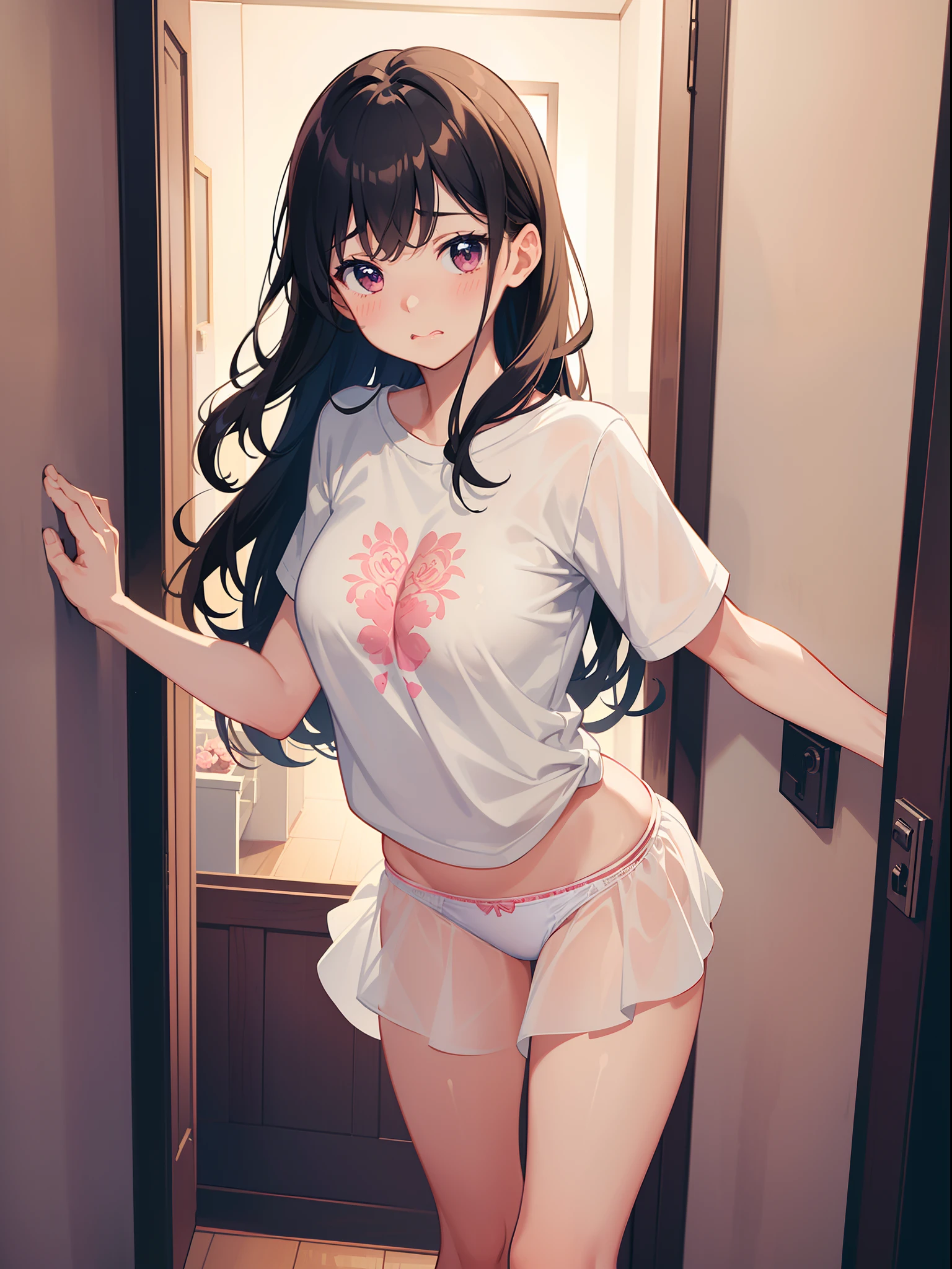 1 girl , (open the entrance door), (leaning forward) ,(one arm behind back ), wavy mouth , blush, embarrassed, from above, (from front), cowboy shot, short t-shirt, panties, panty shot, background hallway , (masterpiece), ((best quality)), ((ultra-detailed)), (illustration), ((an extremely delicate and beautiful))