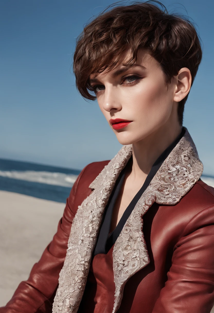 À handsom man in red wearing a jacket,. in the style of realistic blue skies, patrick demarchelier, sharp edges, daria endresen, rollerwave, annick bouvattier, jump cuts. Tall and fit, (40 years old:1.1), (shaven:1.2), (short brown hair and a little curly:1.5),(very short hair:1.6)