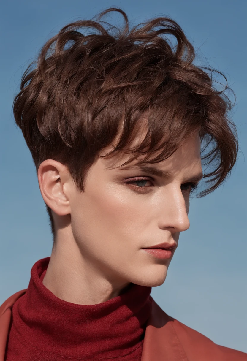 À handsom man in red wearing a jacket,. in the style of realistic blue skies, patrick demarchelier, sharp edges, daria endresen, rollerwave, annick bouvattier, jump cuts. Tall and fit, (40 years old:1.1), (shaven:1.2), (short brown hair and a little curly:1.5),(very short hair:1.6)