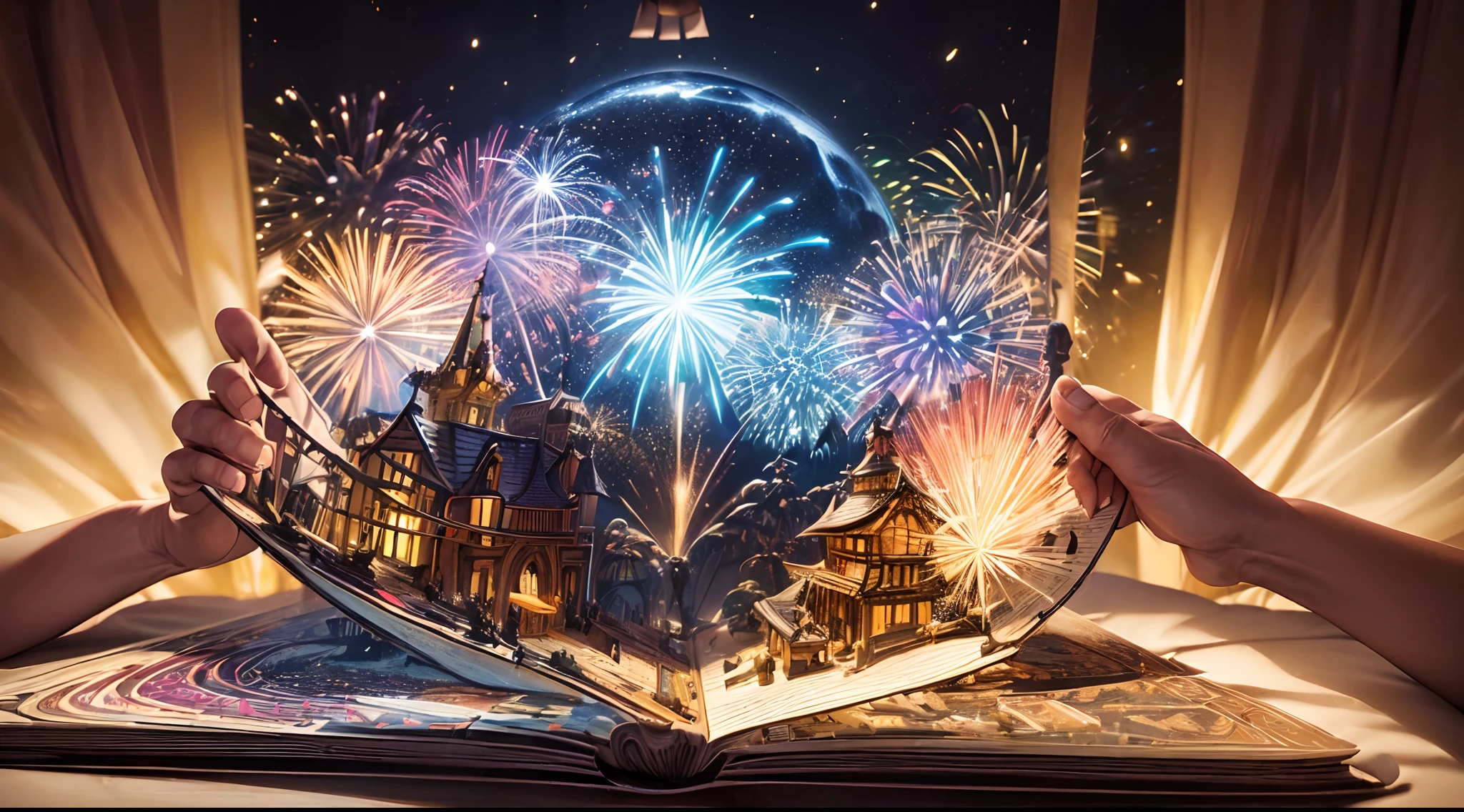(Pop-up Books:1.5),Picture books that jump out, Chunky book on the table, Magic Book, Bright fireworks flying out of a book, Colorful fireworks,(highly colorful, Best Quality, Detailed details, masutepiece, offcial art, Movie Light Effects, 4K, Chiaroscuro)