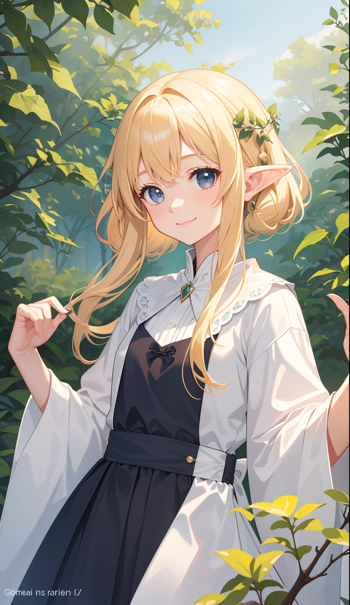 1girl in、AS-Adult、A smile、elvish、Forester、（small tits）Upper body portrait、