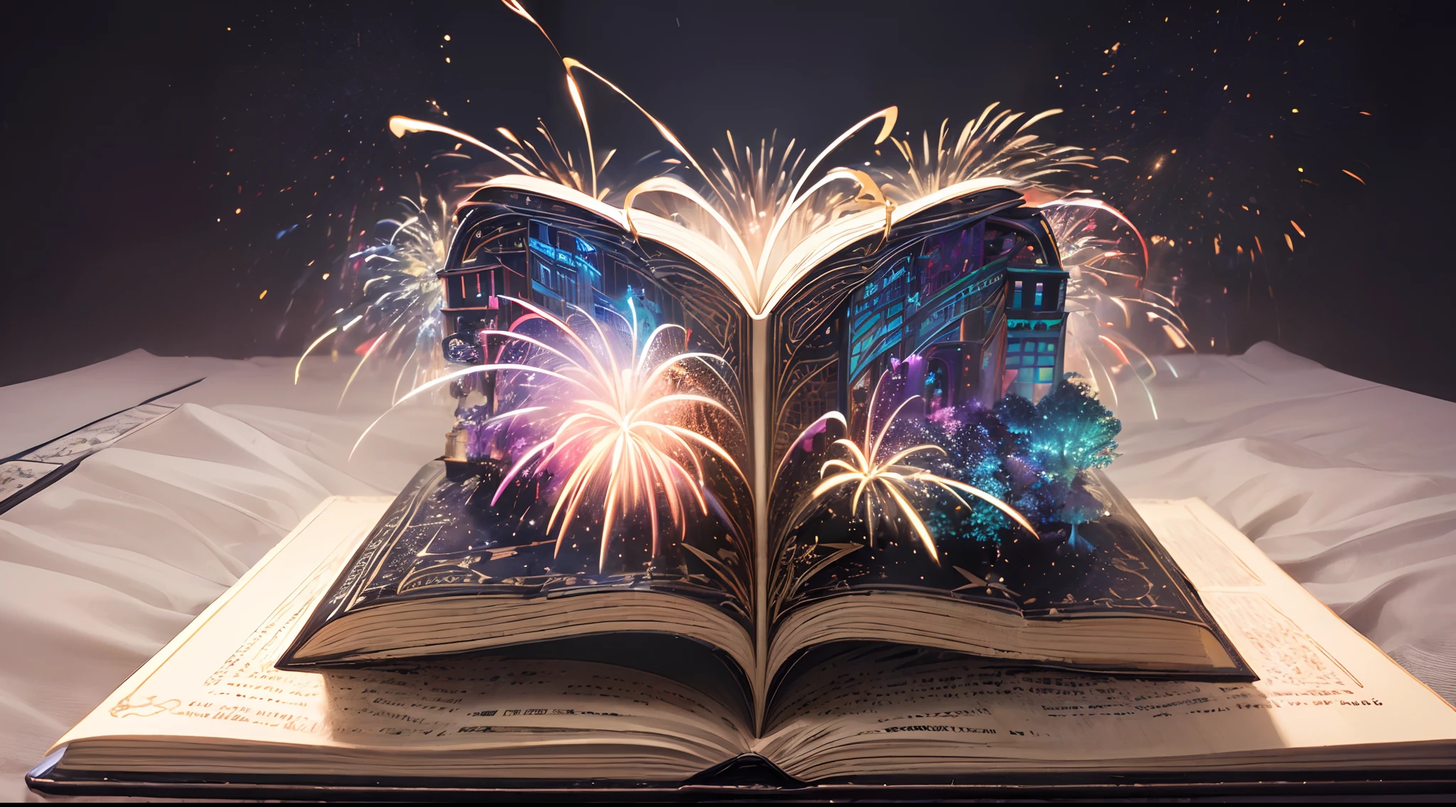 (Pop-up Books:1.5),Picture books that jump out, Chunky book on the table, Magic Book, Bright fireworks flying out of a book, Colorful fireworks,(highly colorful, Best Quality, Detailed details, masutepiece, offcial art, Movie Light Effects, 4K, Chiaroscuro)