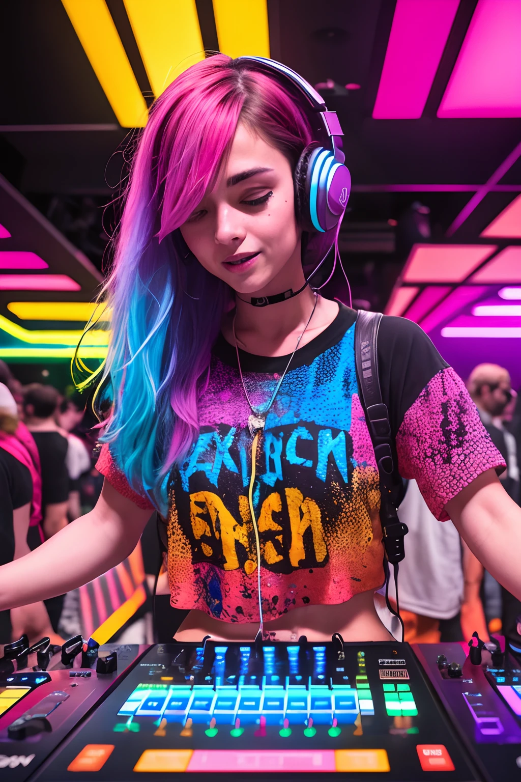upper body, female dj, colorful clothes , quirky, vibrant appearance, playful accessories, creative behavior, imaginative, sensual, spontaneous, dj headphones, mixing console, music club, night club, indie theaters, people dancing on the dance floor background, underground danceclub, highest quality, skin texture, intricate details, (cinematic lighting), RAW photo, 8ka, unique and captivating AI image in a style that has never been seen before, ensuring it's entirely original and not available on the internet.