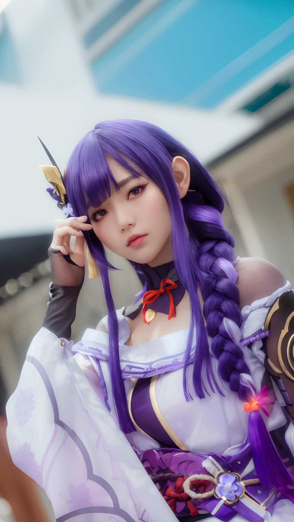 shogun, 1 girl, solo, long hair, looking at viewer, hair ornament, thighhighs, long sleeves, ribbon, holding, cleavage, closed mouth, purple eyes, weapon, purple hair, braid, flower, japanese clothes, sword, wide sleeves, kimono, holding weapon, armor, mole, blurry, sash, mole under eye, holding sword, obi, shoulder armor, tassel, bridal gauntlets, stairs, purple flower, vision (genshin impact), obijime, tomoe (symbol), obiage, mitsudomoe (shape),
