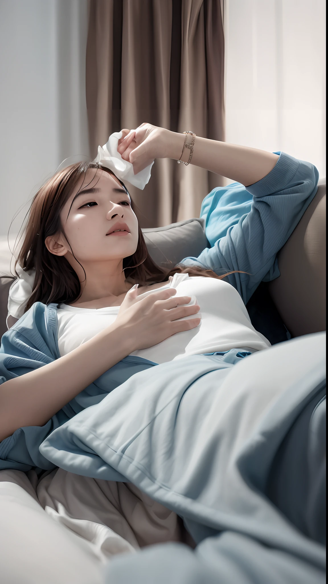 photo of a sick woman laying on a bed with a blue blanket and a white shirt, weary and unwell woman, photo. cheng yi, ultra realistic picture, soft portrait shot 8 k,