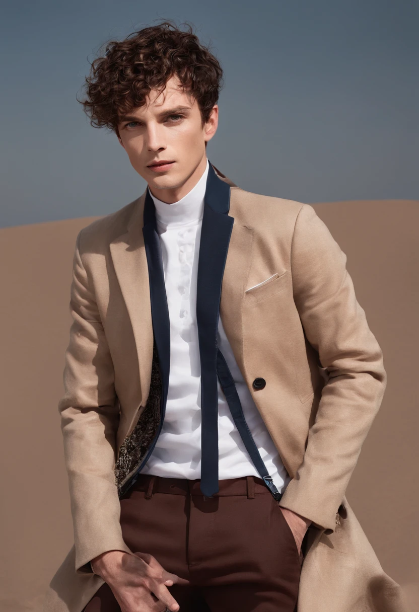 A handsom man in red wearing a jacket, Tall and fit, (40 years old:1.1), (shaven:1.2), (short brown hair and a little curly:1.5),(very short hair:1.6). in the style of realistic blue skies, patrick demarchelier, sharp edges, daria endresen, rollerwave, annick bouvattier, jump cuts.