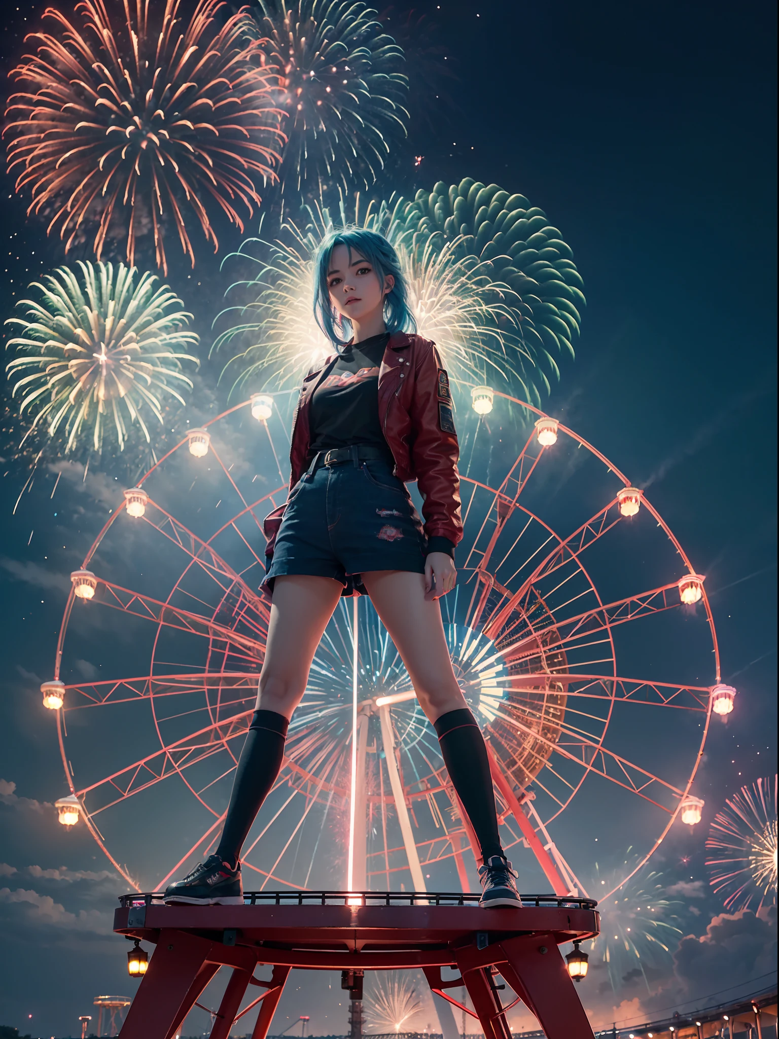 1 girl with red light blue hair, standing at the amusement park in front of the giant wheel or ferris wheel, and see the fireworks on the sky beautiful green and blue fireworks, night view, 8K UHD, Nvidia RTX 4090 rendering, ray tracing, DLSS 3.