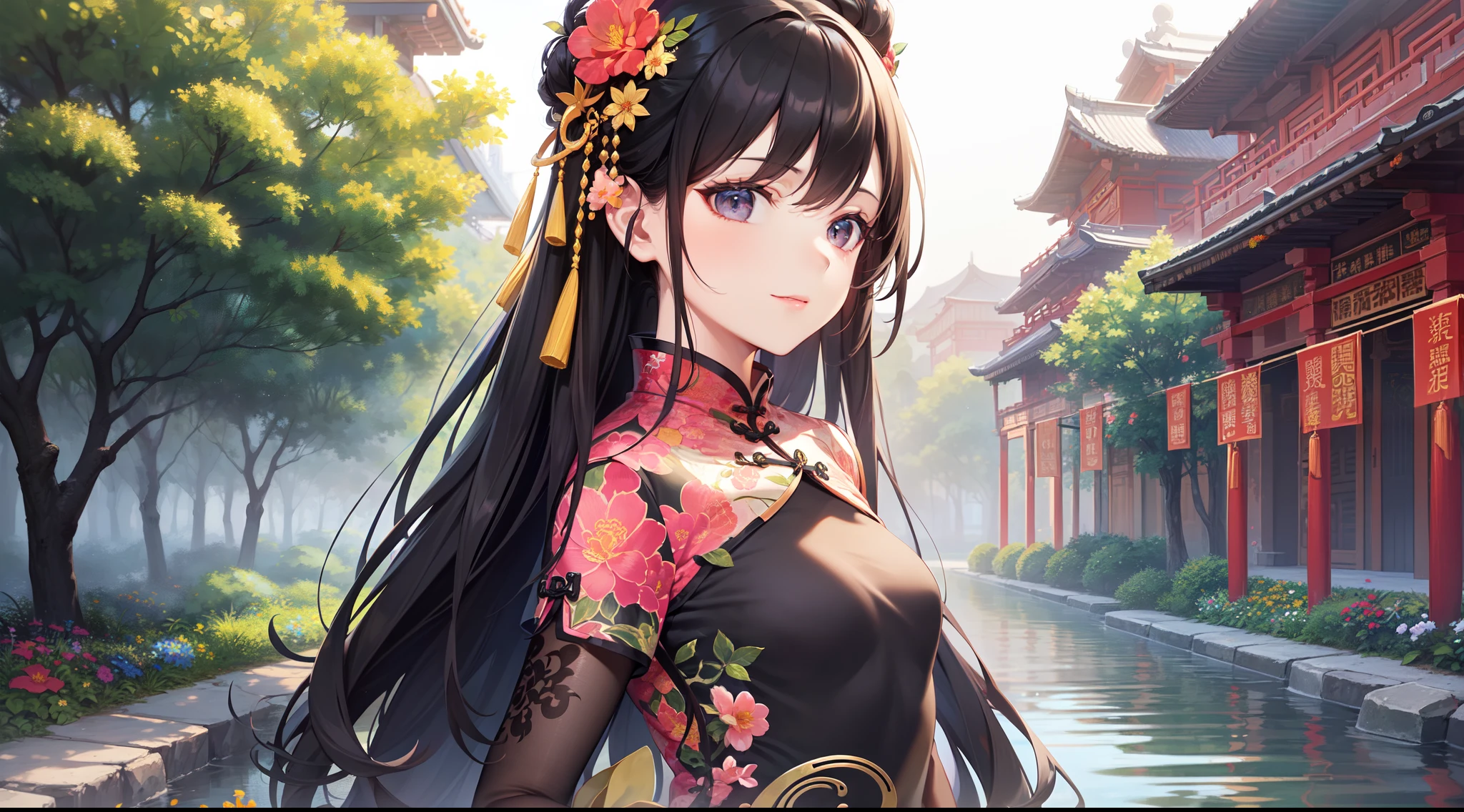(Best Quality)), (Masterpiece), (Sharpness), 32k, (Best Quality Depiction), (Best Quality), Art, Detailed and detailed CG Art, Detailed Human Body, Clear Air: 1.3, Depth Background,
(perfect anatomy), (depiction of a flawless body), golden ratio, depiction of a perfect woman, one woman,beautiful, (adult female in her early twenties in china), (glossy black hair, long hair tied at the top of the head:1.6), (shiny beautiful black eyes),(beautiful face with detailed detail), (small:1.8), light makeup, (dense and detailed beautiful perfect cheongsam:1.6,Various floral patterns:1.2,No exposure:1.9), (staring at viewer,confident smile:1.2), Outdoor,Chinese hanging garden:1.3, wind operation:1.5, creek,