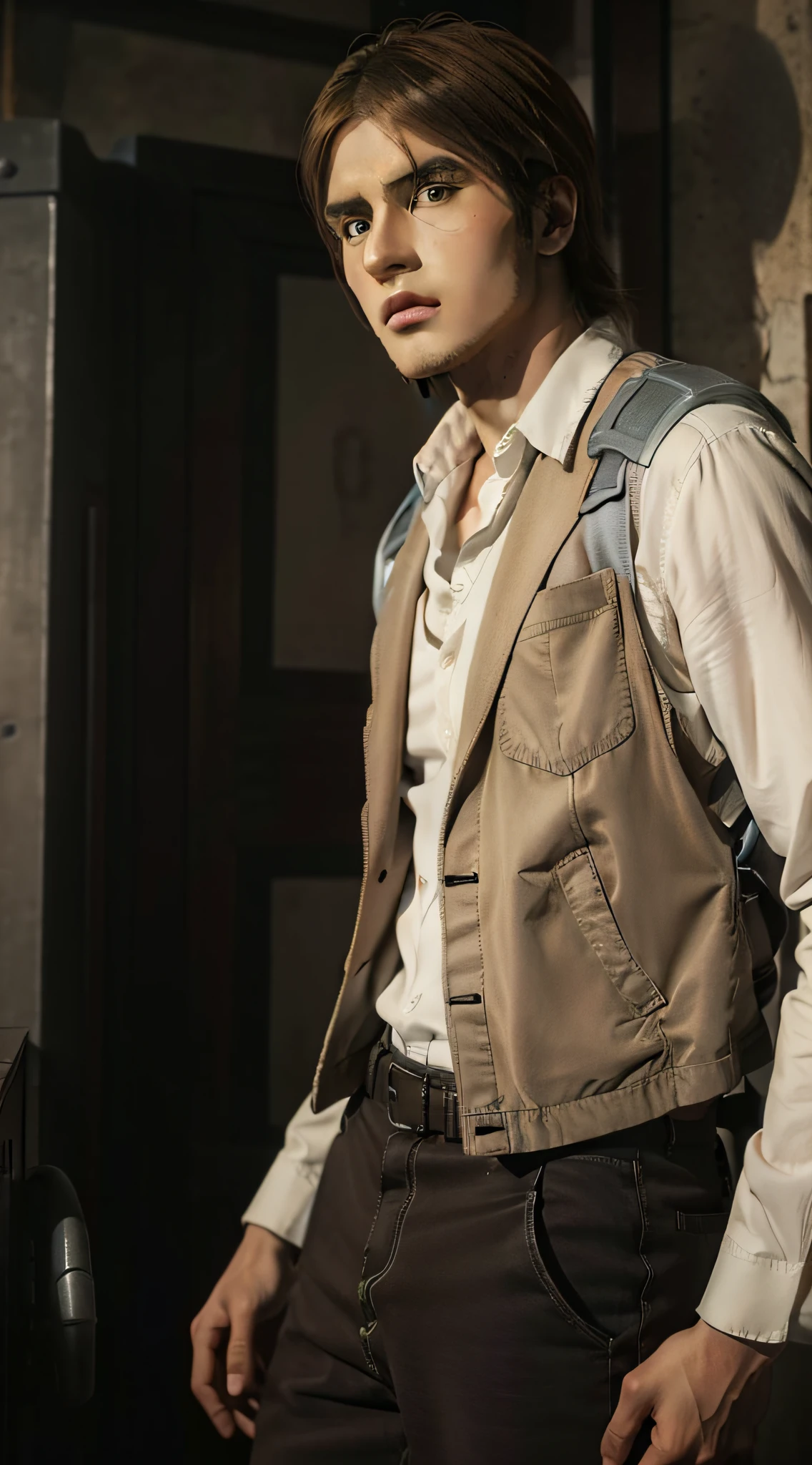ean from the anime attack on titan, brown hair, white shirt, brown jacket, black pants, realism, masterpiece, textured skin, super detail, high detail, high quality, best quality, 1080p, 16k