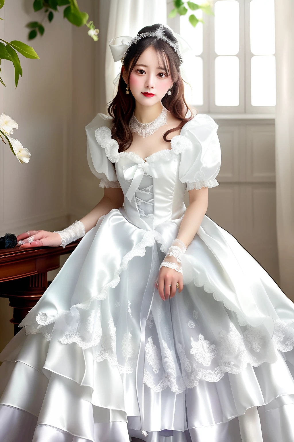 Close up portrait of woman in white satin dress and white satin gloves, rococo dress, rococo queen, Victorian white dress, rococo ruffles dress, dress in the style of rococo, fantasy dress, Lolita style, ethereal fairy tale, Icy White Dress, victorian dress, Lolita Fashion, magical dress, Full dress, fairycore, Belle Delphine
