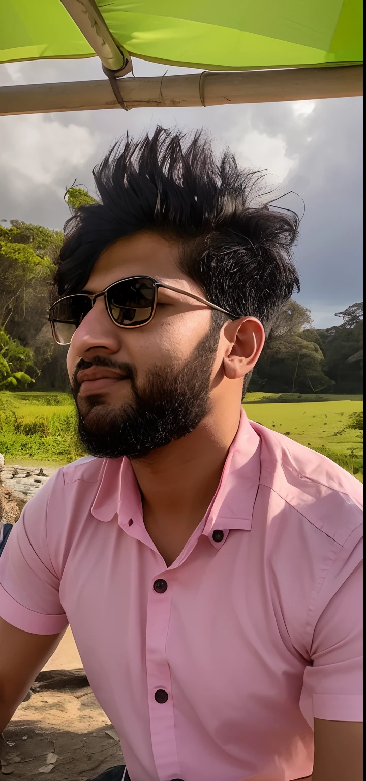 there is a man sitting under a pink umbrella in the sun, jayison devadas, portait photo profile picture, mohamed chahin, jayison devadas style, portrait mode photo, ayan nag, with accurate face, facebook profile picture, assamese aesthetic, sunny day time, in front of a forest background, mohamed chahin style