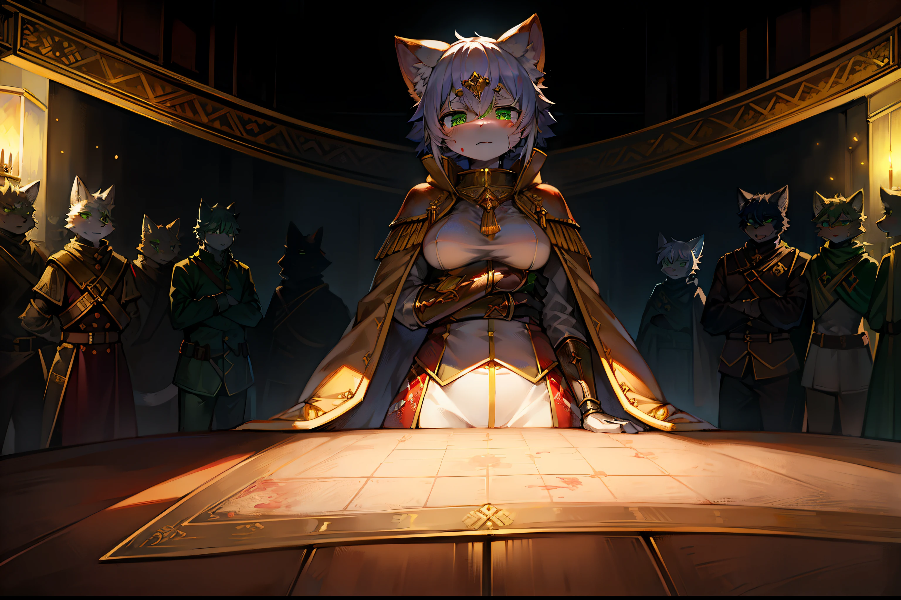 female furry kemono style cat, wears a cape made of gold and ancient military armor, has vibrant green eyes and white fur, with her arms on a large table with a strategic map stained with blood, cold expression, wide composition, dark lighting, 4k , masterpiece