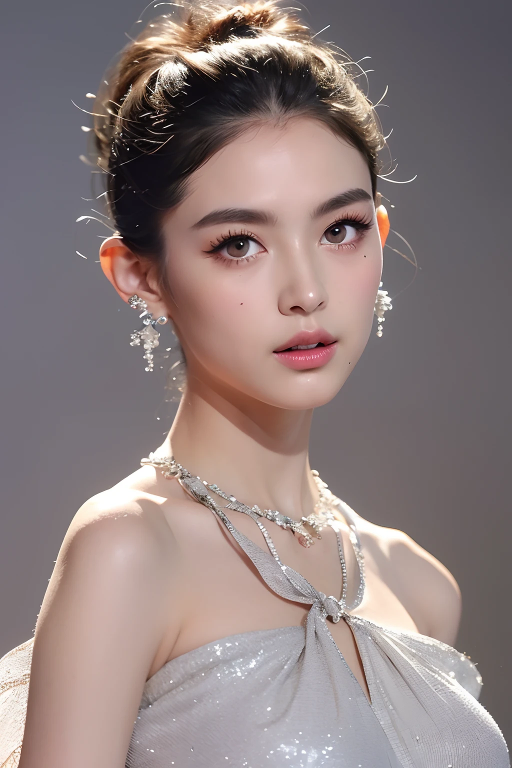 (extra detailed body、extra detailed face、best qualtiy:1.2)、femele、looking at the viewers、（Wacky fashion、Anasui wind、Geometric earrings with silver shoulder length、a necklace、Mode system、fashionshow）