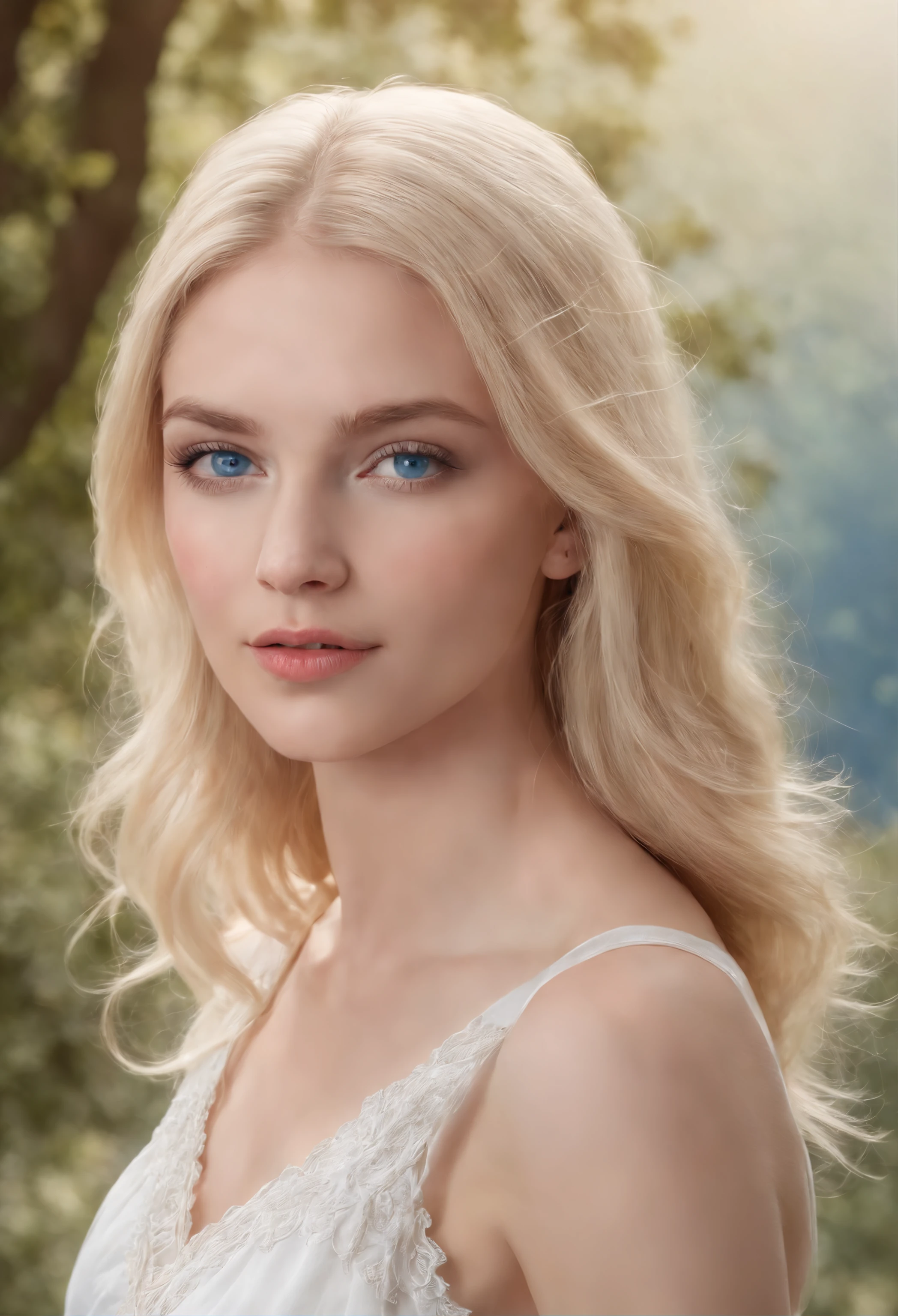 Young virgin Greek goddess of wild nature and hunting, with (((Blonde hair))) and (((Blue eyes))), Amazingly beautiful, with fair skin, Slender and tall, wears {Sleeveless, (Very short: 1.7), (White:1.5), Chiton, Greece, With gold border}, Abs, "Looks strict and firm", Fabulous Acadia mountains and forests, greek myth, Hyper-realism, Photorealistic, Super detail, 8K, Masterpiece