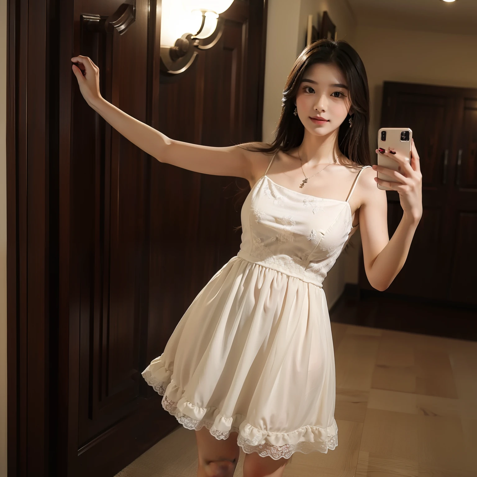 Image of a half-dark Mexican girl in her 20s., She is dressed in a short white dress, She is in front of a mirror in a public bathroom taking a selfie.