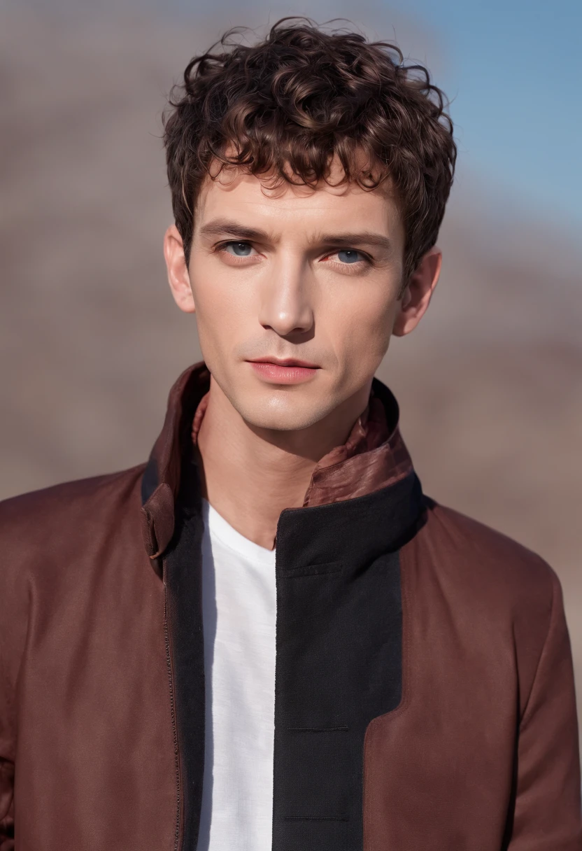 A handsom man in red wearing a jacket, Tall and fit, (40 years old:1.1), (shaven:1.2), (short brown hair and a little curly:1.5),(very short hair:1.6). in the style of realistic blue skies, in the style of patrick demarchelier, sharp edges.
