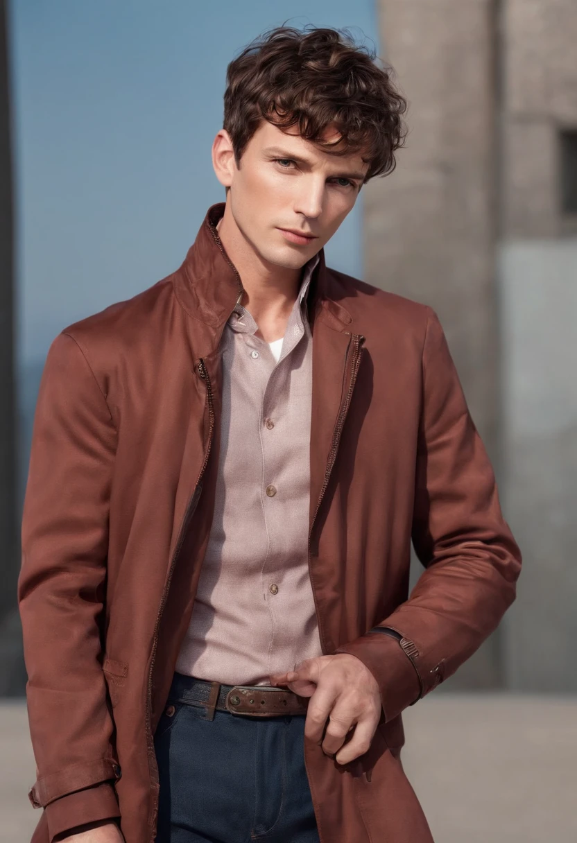 A handsom man in red wearing a jacket, Tall and fit, (40 years old:1.1), (shaven:1.2), (short brown hair and a little curly:1.5),(very short hair:1.6). in the style of realistic blue skies, in the style of patrick demarchelier, sharp edges.