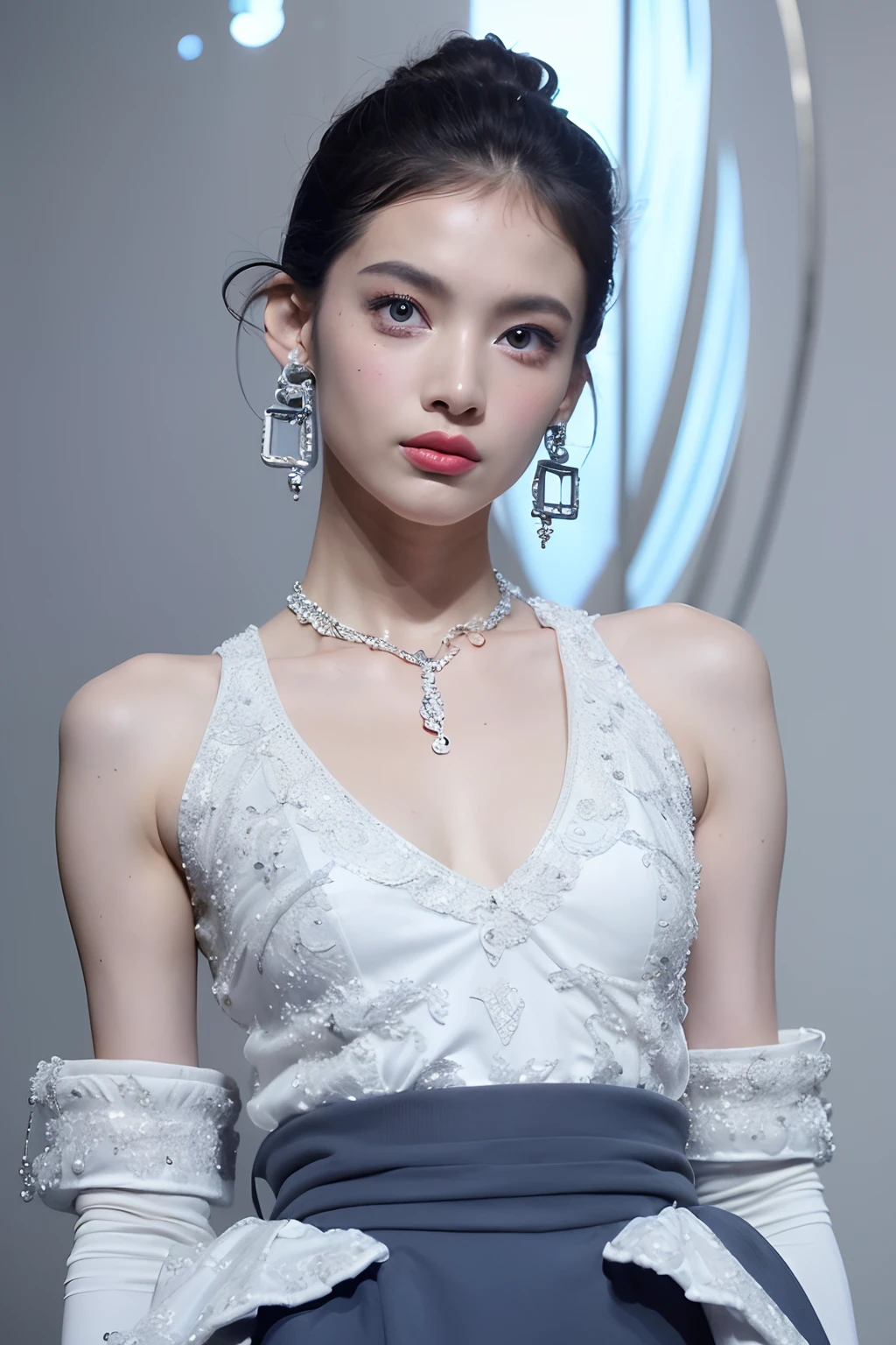 (extra detailed body、extra detailed face、best qualtiy:1.2)、femele、looking at the viewers、(Wacky fashion、Gaultier's worldview、Large silver earrings up to the shoulder、Silver Fancy Necklace、Mode system、fashionshow)、(Stylish walls in blue, Gray and white on background:1.4)