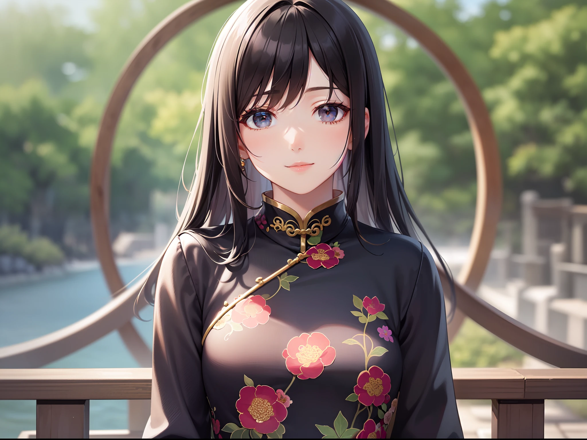 (Best Quality)), (Masterpiece), (Sharpness), 32k, (Best Quality Depiction), (Best Quality), Art, Detailed and detailed CG Art, Detailed Human Body, Clear Air: 1.3, Depth Background, 
 (perfect anatomy), (depiction of a flawless body), golden ratio, depiction of a perfect woman, one woman,beautiful, (adult female in her early twenties in china), (glossy black hair, long hair tied at the top of the head:1.6), (shiny beautiful black eyes),(beautiful face with detailed detail), (small:1.8), light makeup, (dense and detailed beautiful perfect cheongsam:1.6,Various floral patterns:1.2,No exposure:1.9), (staring at viewer,confident smile:1.2), Outdoor,Chinese hanging garden:1.3, wind operation:1.5, Brook,Bridge,Standing on bridge:1.6