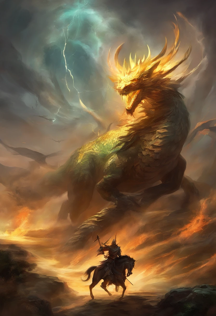 /imagine prompt: Epic fantasy battles across vast open plains, Armies of mythical creatures and warriors pit each other, Wielding fantastic weapons, A storm brewing in the dark sky, Lightning strikes the ground, Fly over the dragon above, Grandeur and heroism in the midst of chaos, artwork of a, mixed media, Combine digital painting with traditional painting,For actions, Dynamic and detailed, --AR 16:9 --V 5